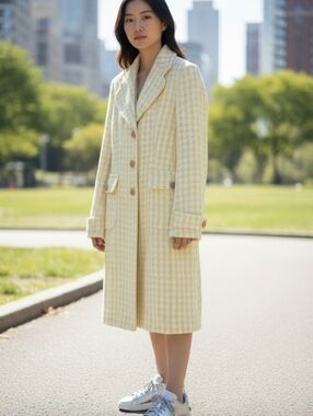 Banana Republic Yellow & White Houndstooth Long Coat